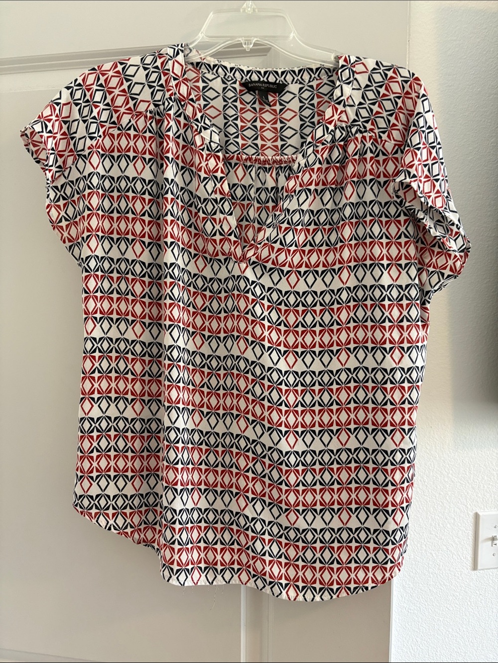 Women’s Short Sleeve Geometric Print Blouse - Rust & Navy